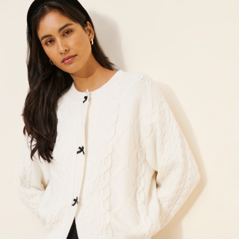 Cable-Knit Bow Appliqu Cardigan Sweater