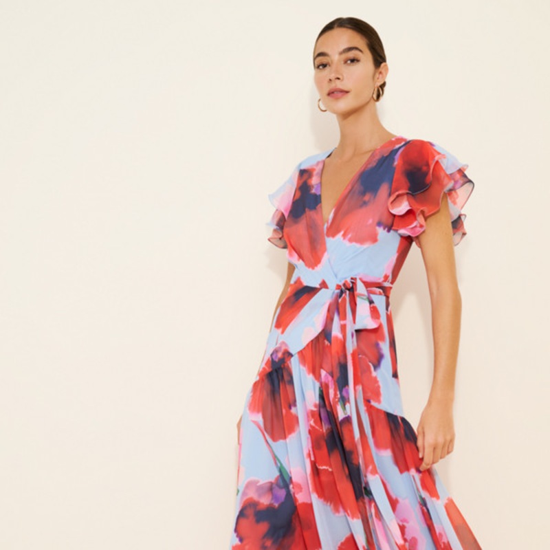 Zola Short-Sleeve Ruffle Wrap Midi Dress