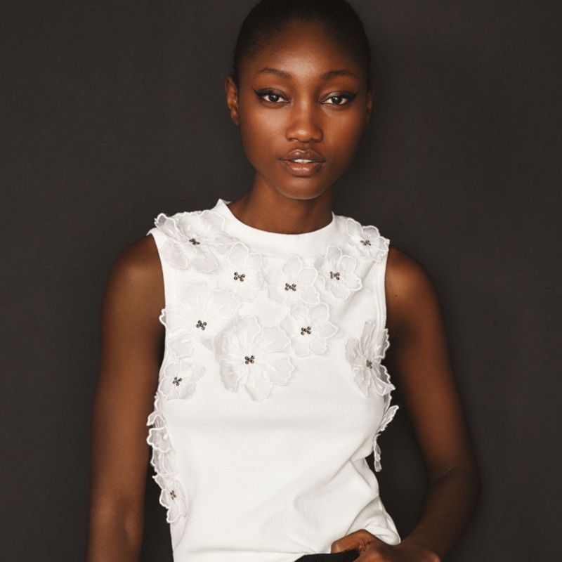 3-D Floral Appliqu Sleeveless Top