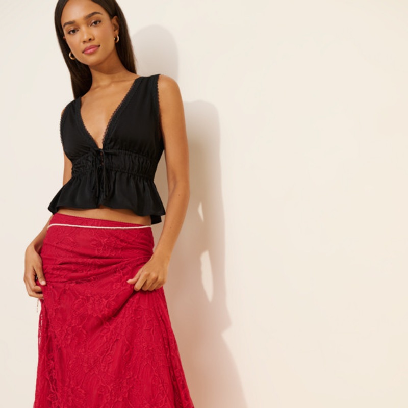 Asymmetric Drop-Waist Lace Midi Skirt