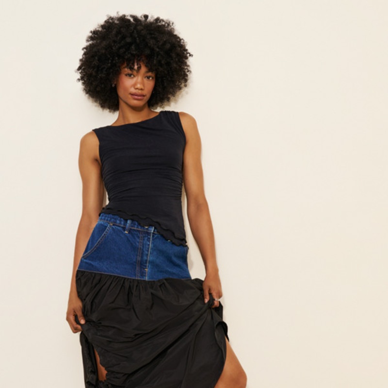 Denim And Taffeta Volume Cut-Out Skirt
