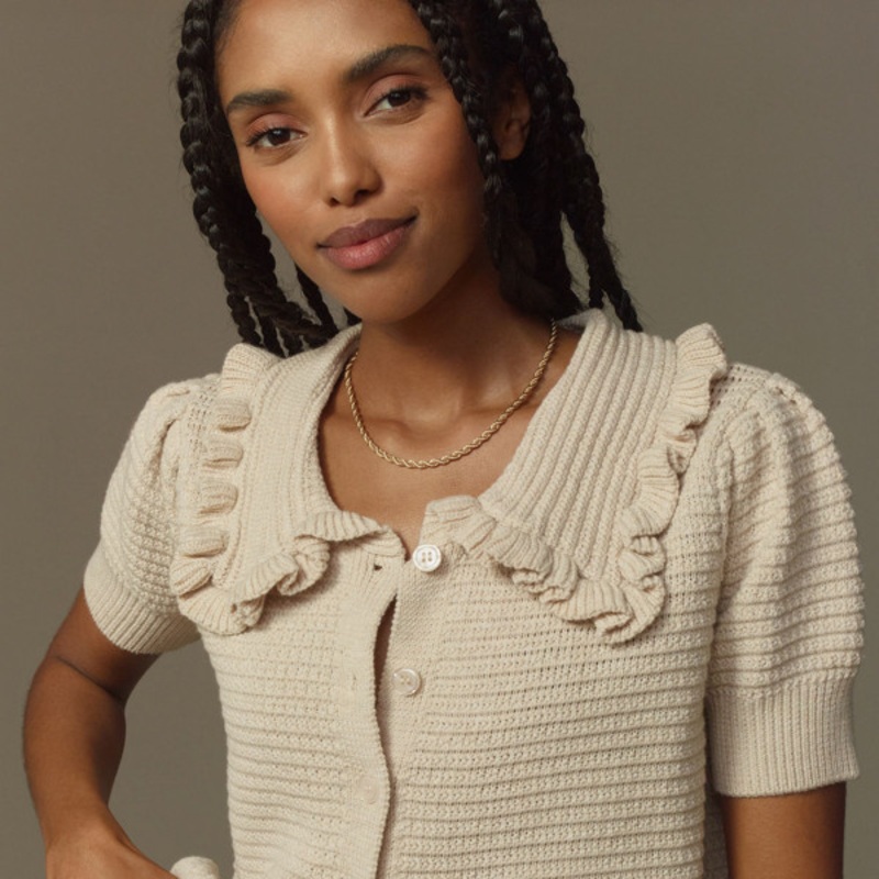 The Ainsley Ruffle-Collar Cardigan Sweater: Short-Sleeve Edition