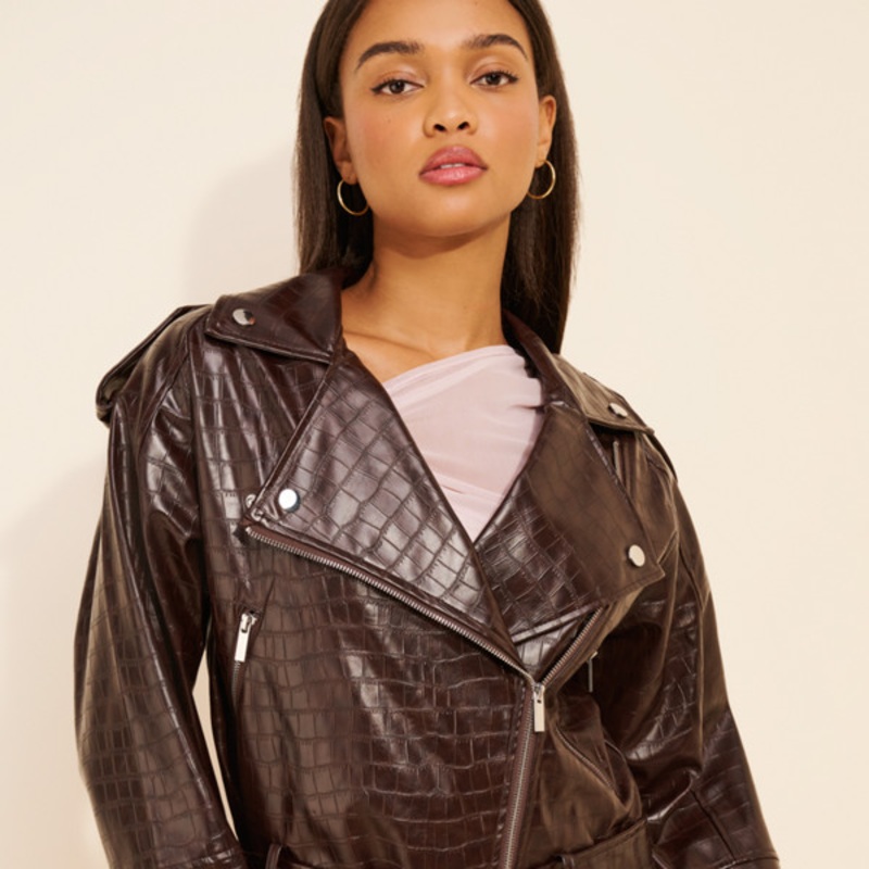 Vegan-Leather Croc Cropped Moto Jacket