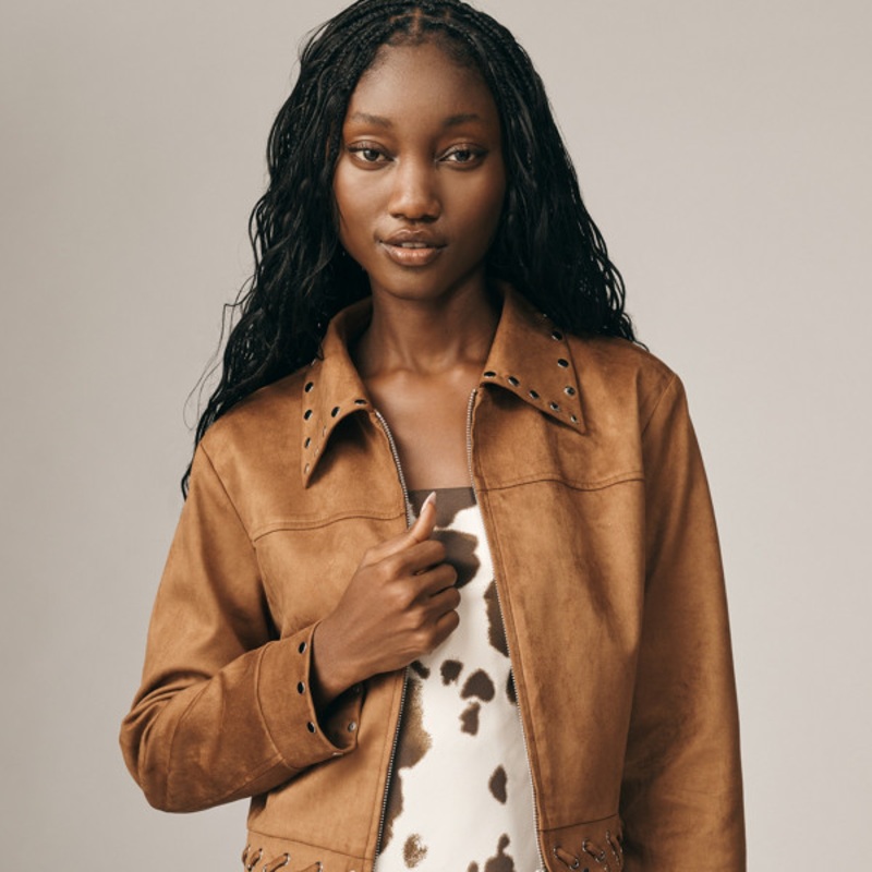 Vegan-Suede Whipstitch Studded Jacket