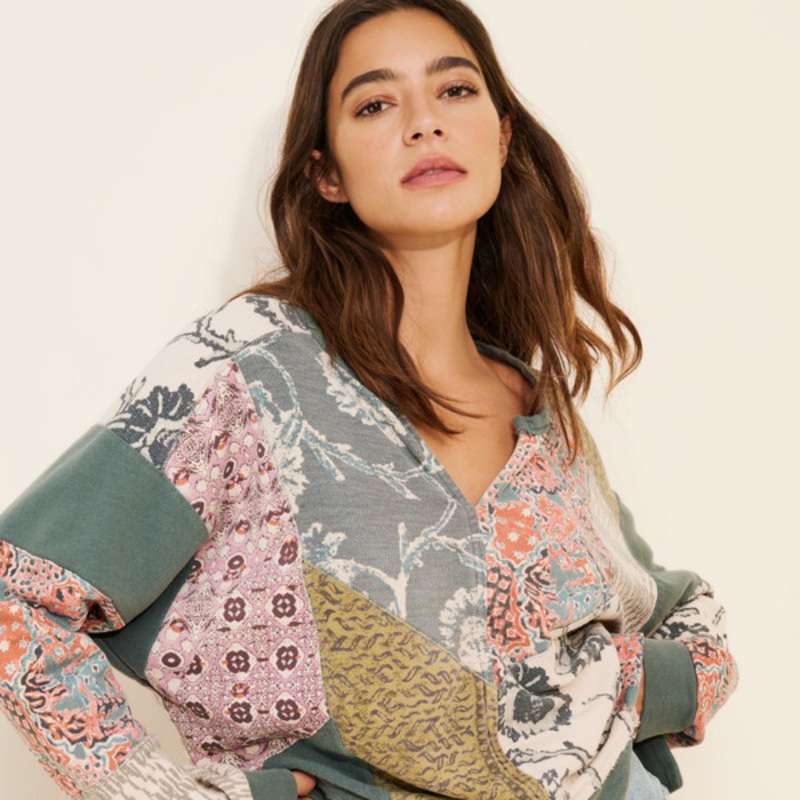 Patchwork Split-Neck Sweatshirt