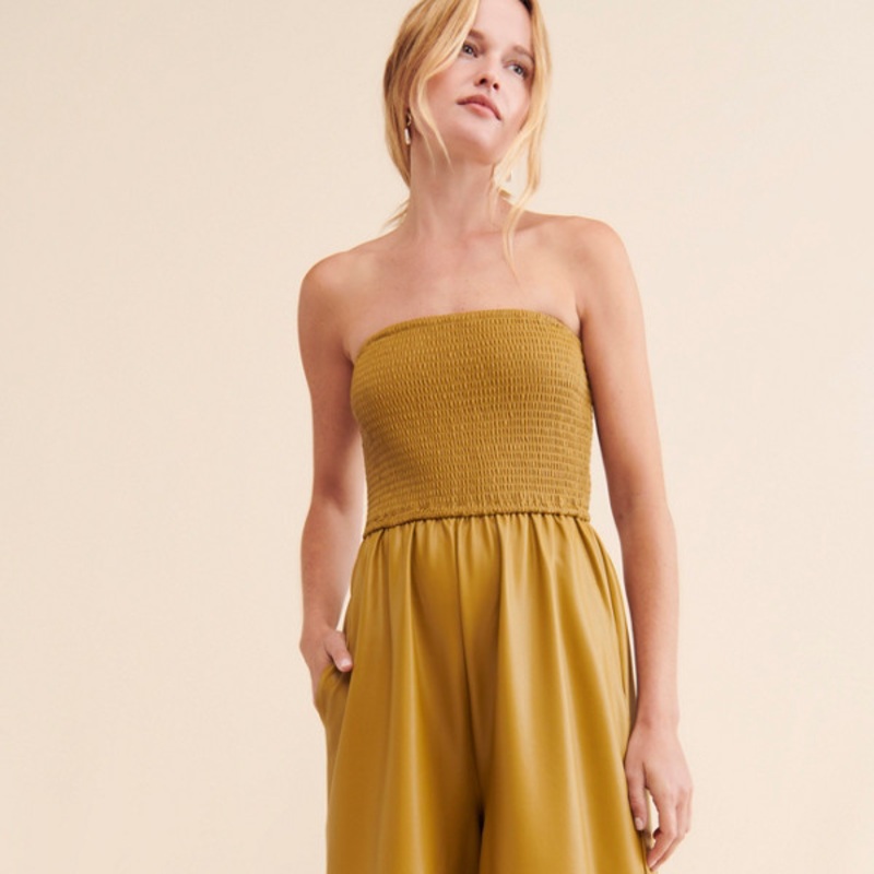 Faux Leather Smocked Wide-Leg Jumpsuit