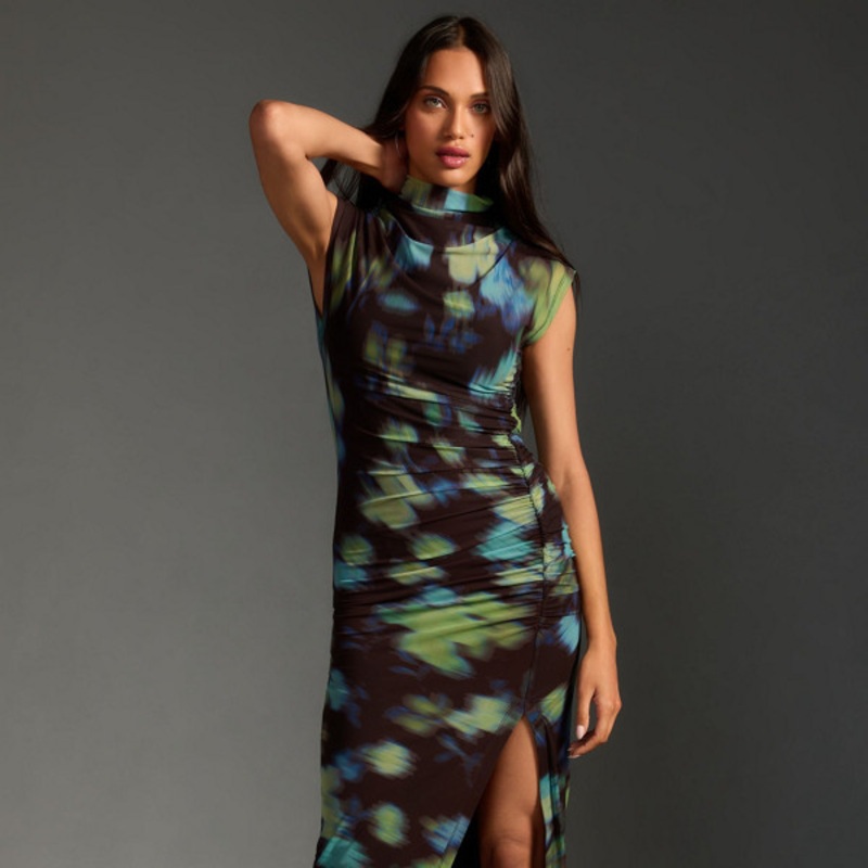 The Maya Ruched Cowl-Neck Dress: Mesh Edition