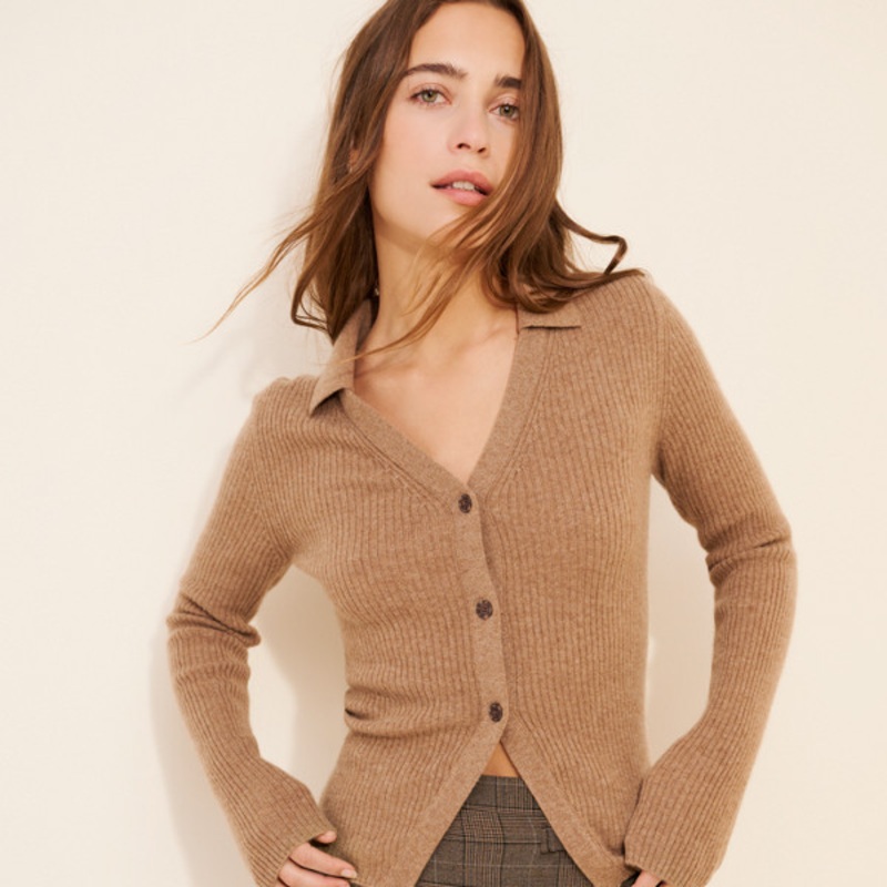 Cashmere Ribbed Collared Cardigan Sweater
