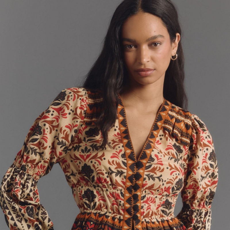 Long-Sleeve V-Neck Printed Blouse