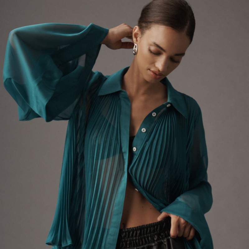 Sheer Pleated Cape-Sleeve Blouse