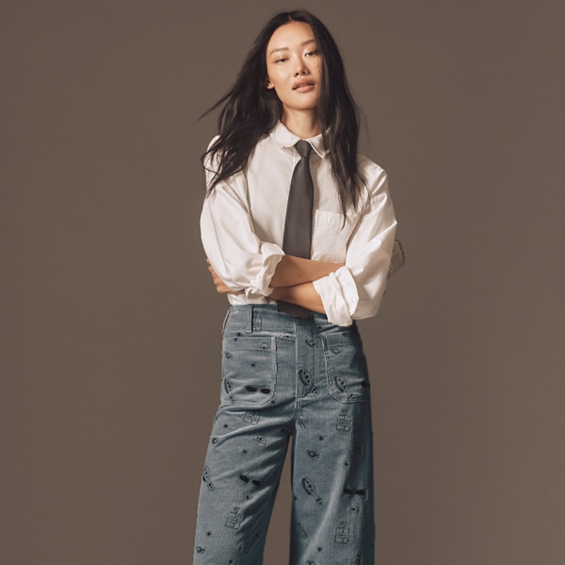 The Colette Crop Wide-Leg Embroidered Corduroy Pants