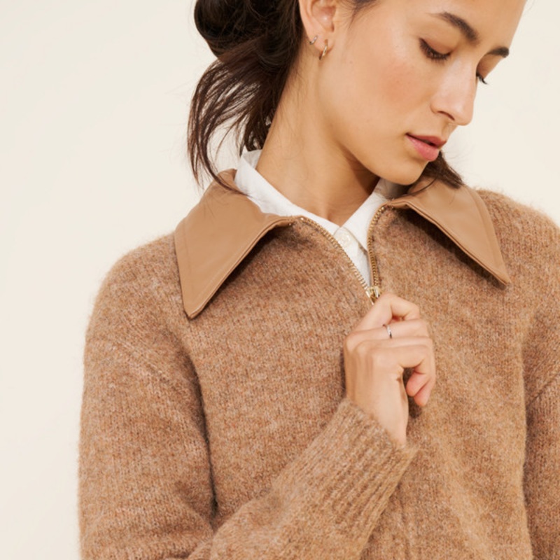 Vegan Leather Collar Zip-Up Sweater