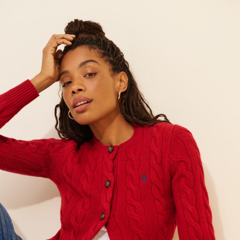 Wool-Blend Cable Knit Cardigan Sweater