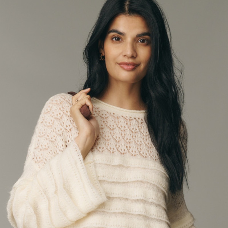 Boatneck Ruffled Pointelle Swing Sweater