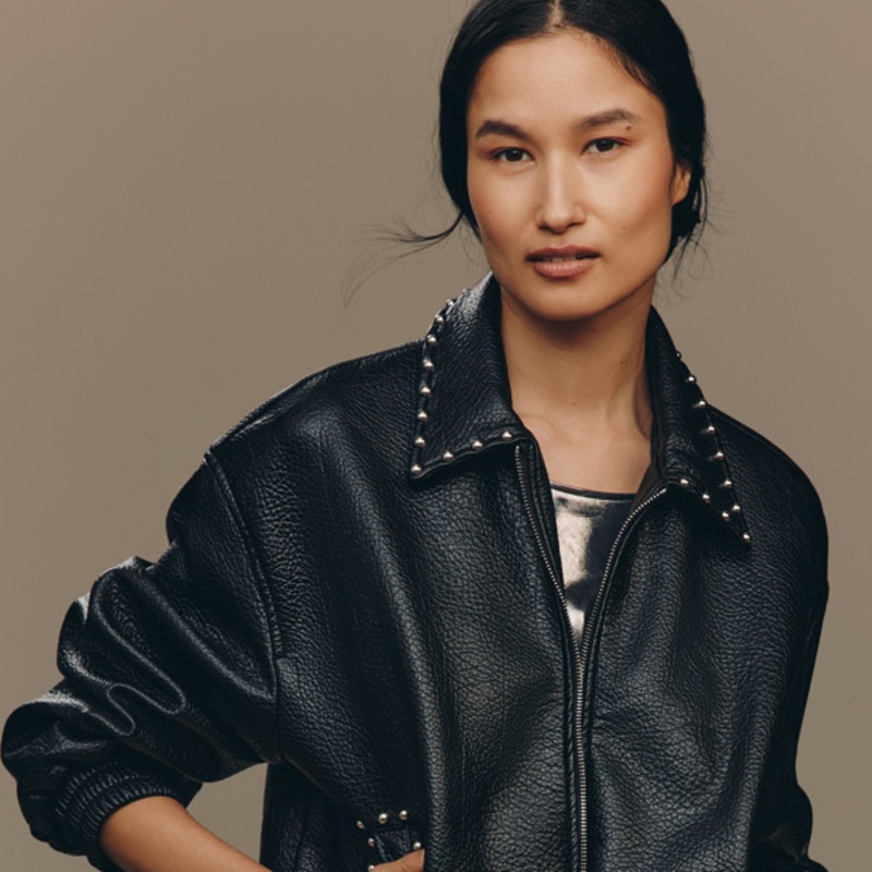 The Rylie Studded Faux-Leather Bomber Jacket