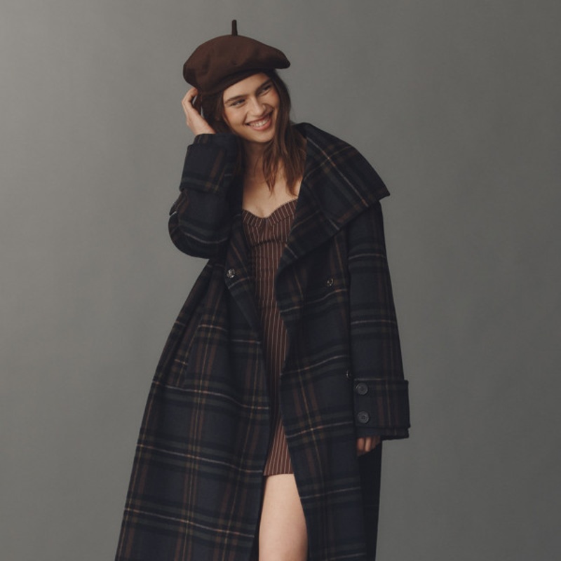 Wool Blend Check Funnel-Neck Coat