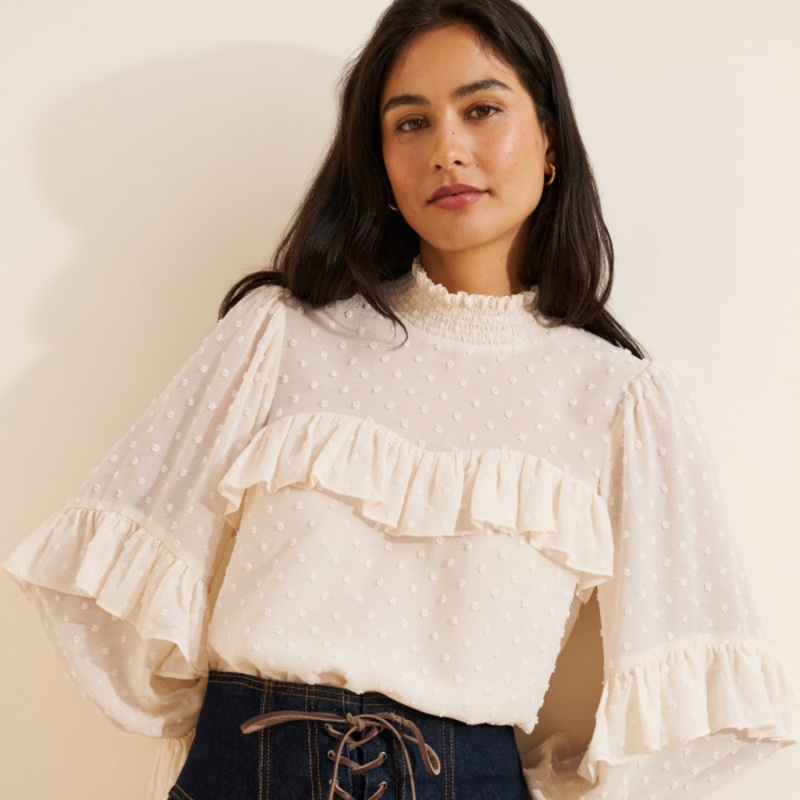 Swiss Dot Chiffon Ruffle Blouse