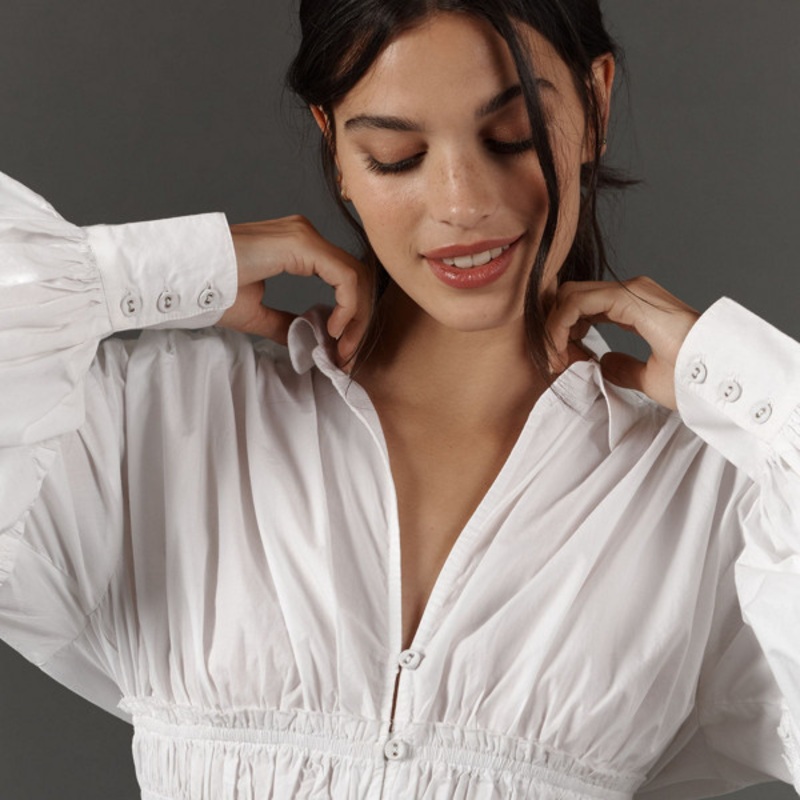 Balloon-Sleeve Collared Shirred Blouse