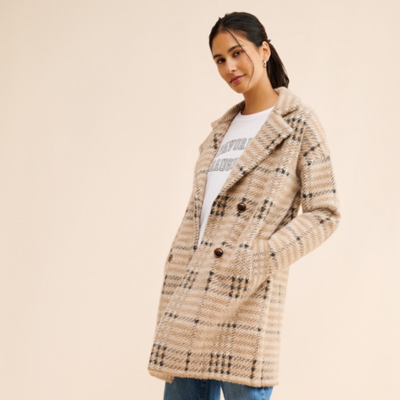 Eyelash Knit Plaid Sweater Coat