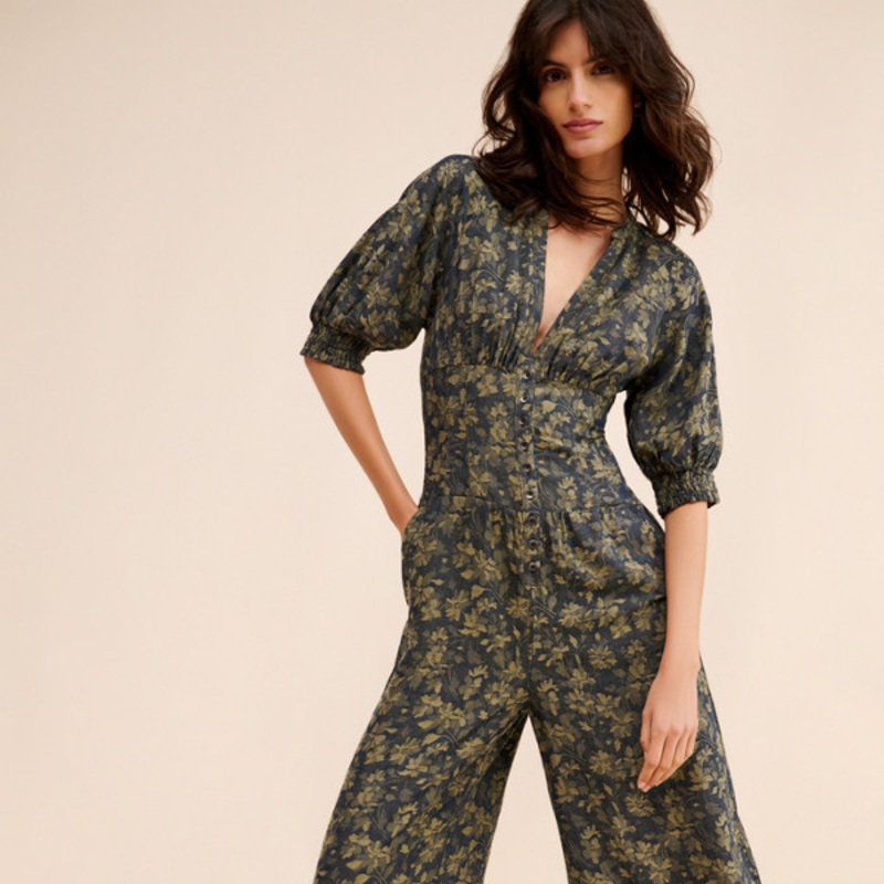 Linen Blend Puff-Sleeve Jumpsuit