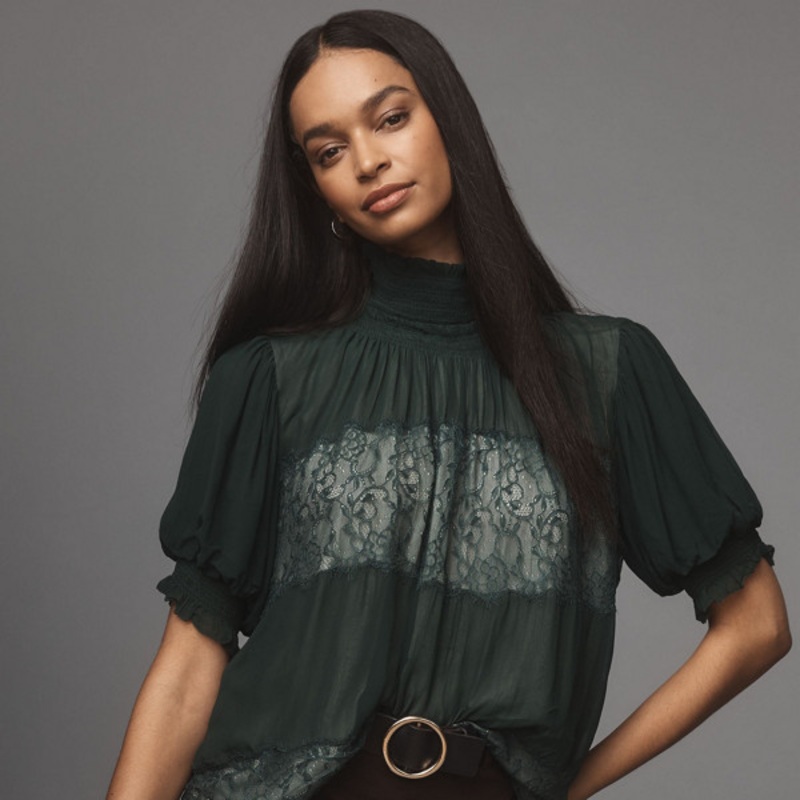 High-Neck Lace Swing Blouse