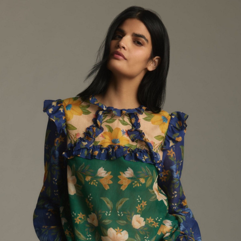 Long-Sleeve High-Neck Sheer Ruffled Blouse