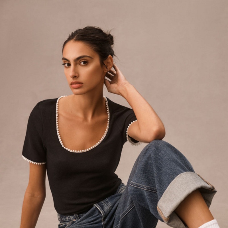 Pearl-Trim Scoop-Neck Tee
