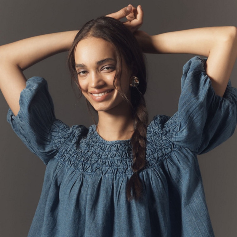 The Liza Smocked Puff-Sleeve Denim Blouse
