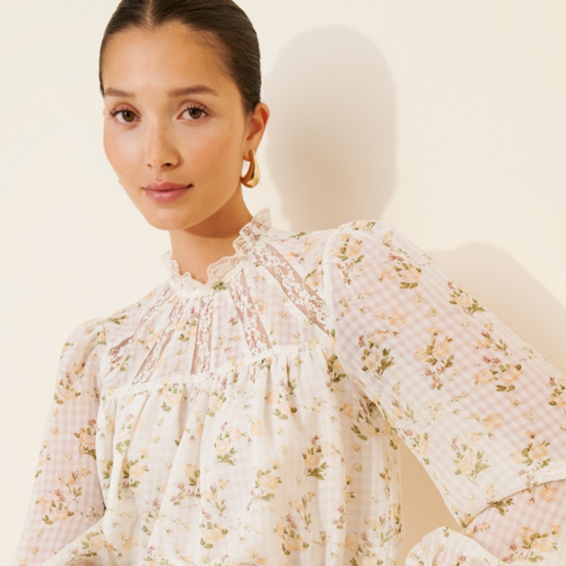 Floral Lace Insert Peasant Blouse