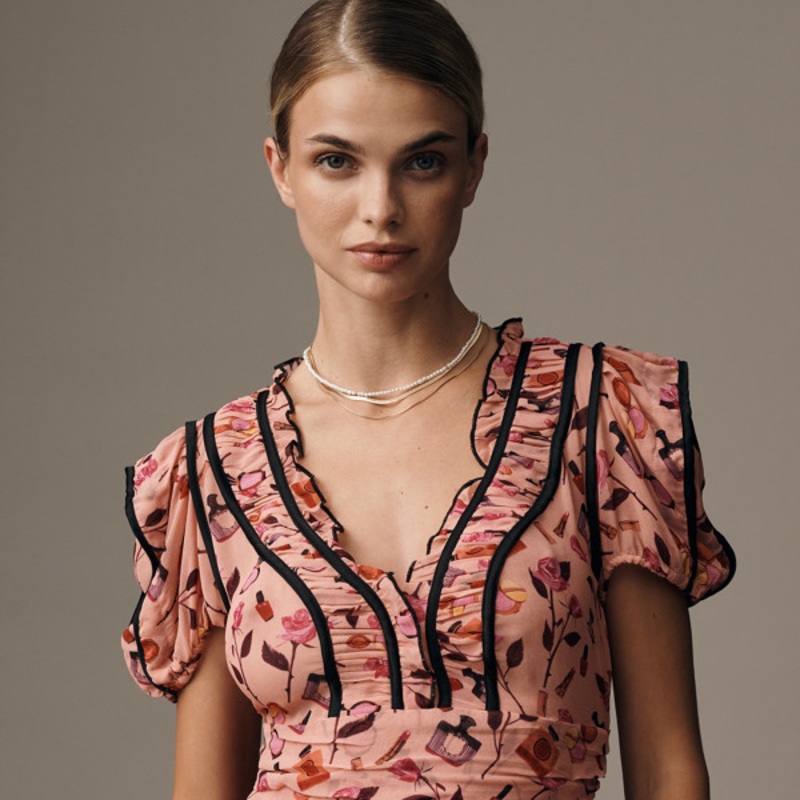 V-Neck Puff-Sleeve Printed Blouse