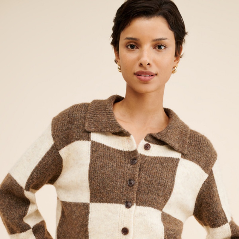 Wool Blend Collared Checkered Sweater