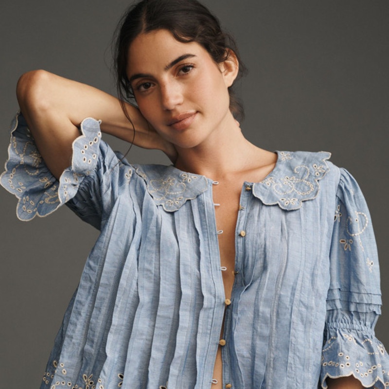 Short-Sleeve Collared Pleated Blouse