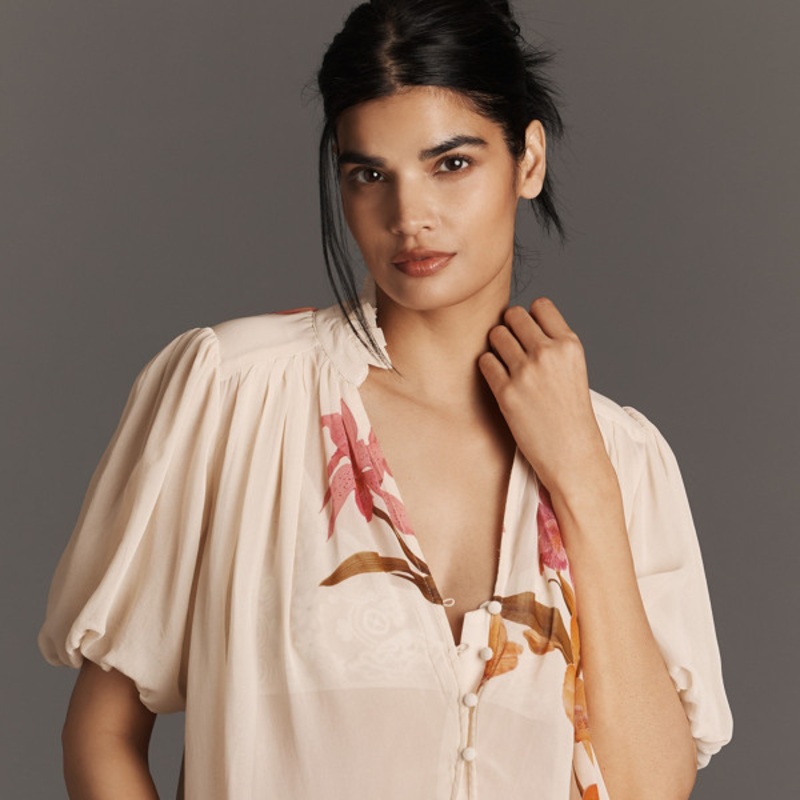 The Estela Sheer Printed Blouse: Short-Sleeve Edition