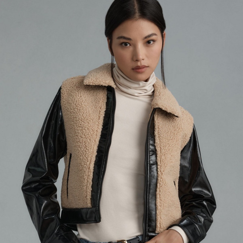 Vegan-Leather Sherpa Cropped Jacket