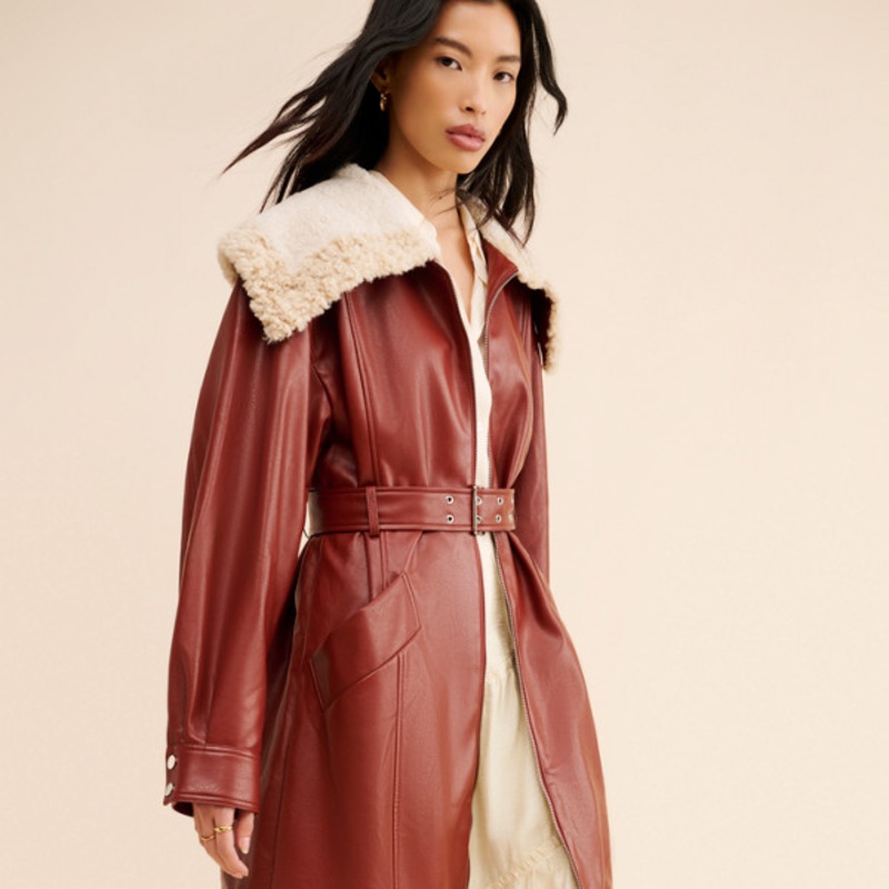 Oversized Collar Vegan-Leather Belted Coat