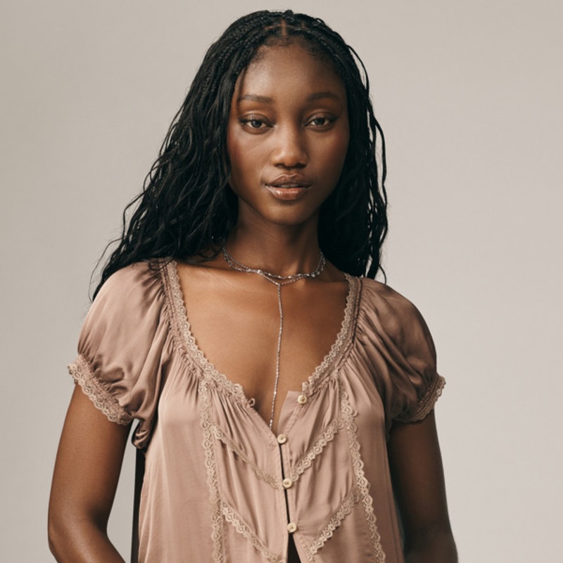 Short Sleeve Silky Peasant Blouse